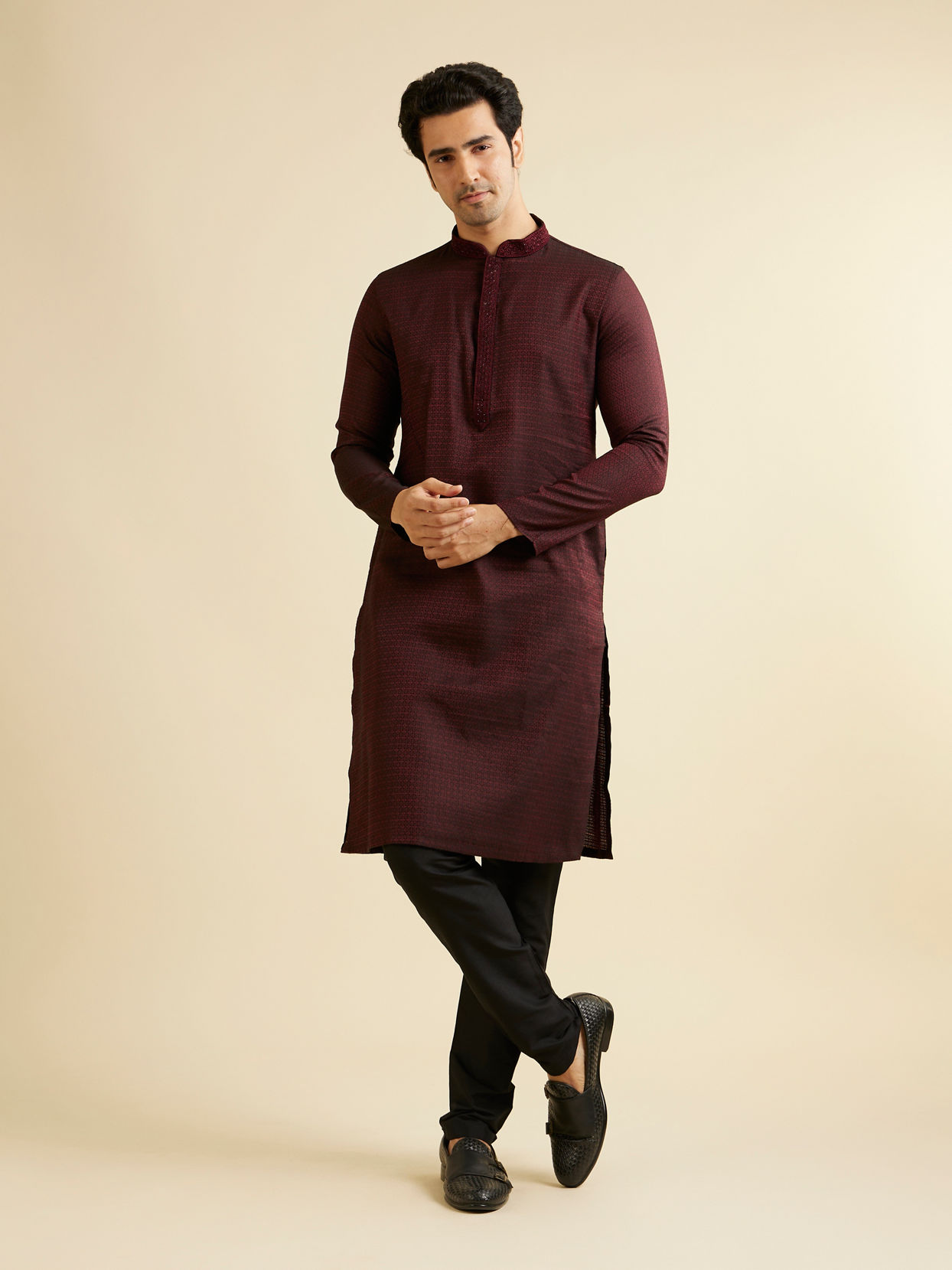 Manyavar Men Dark Maroon Kurta Set with Intricate Triangular Patterns