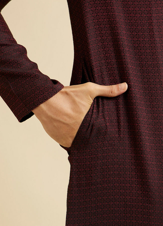 Manyavar Men Dark Maroon Kurta Set with Intricate Triangular Patterns
