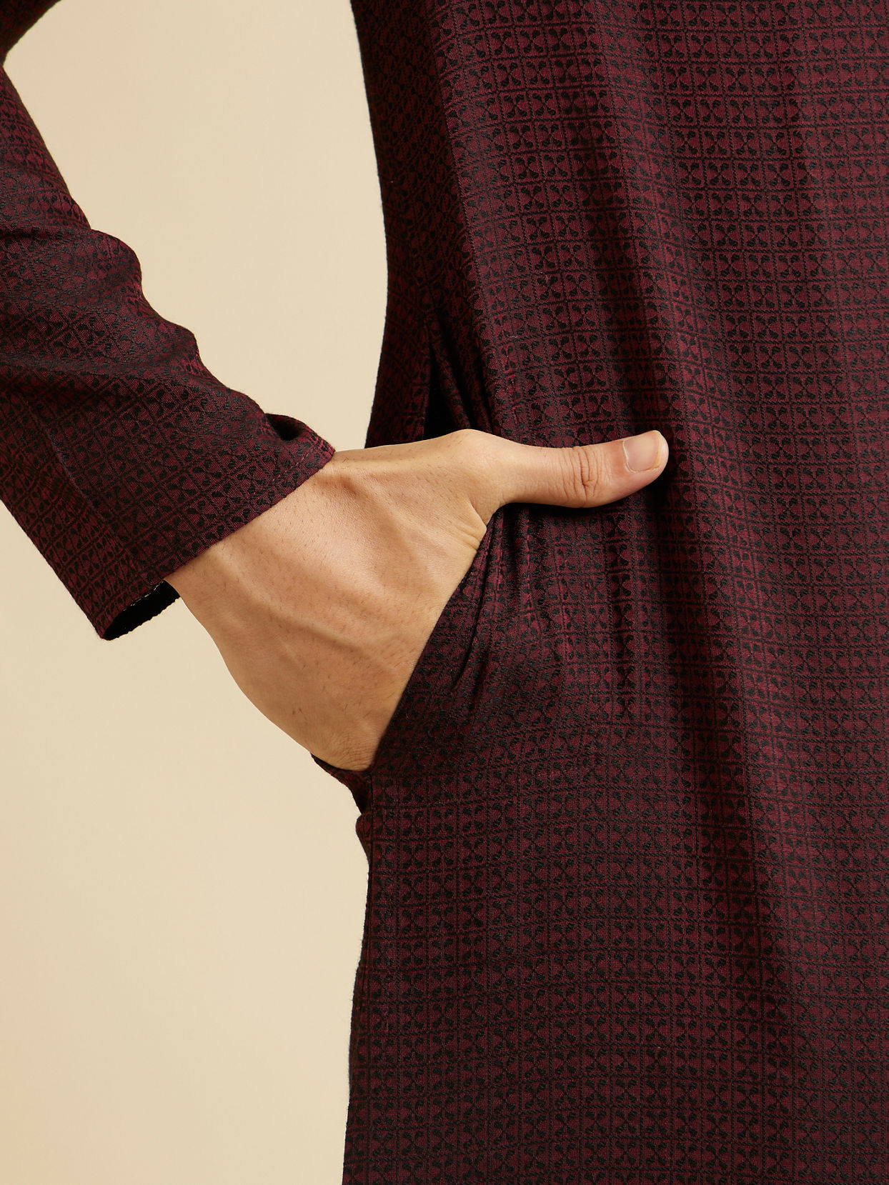 Manyavar Men Dark Maroon Kurta Set with Intricate Triangular Patterns