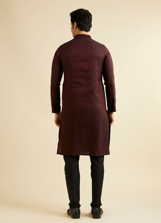 Manyavar Men Dark Maroon Kurta Set with Intricate Triangular Patterns