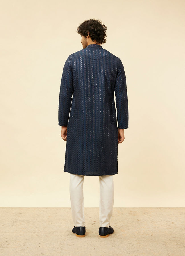 Manyavar Men Indigo Blue Petal String Patterned Kurta Set