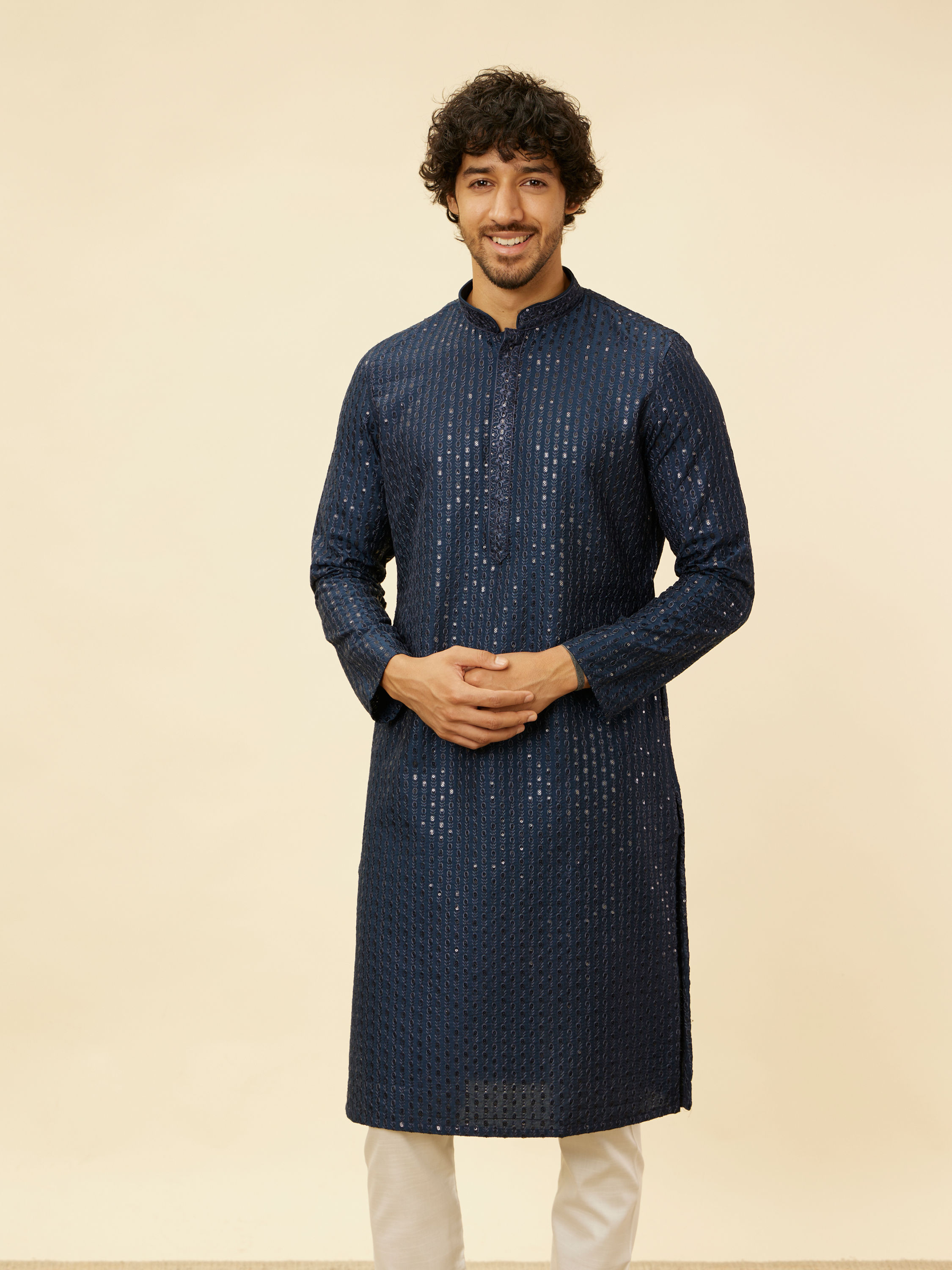 Manyavar Men Indigo Blue Petal String Patterned Kurta Set