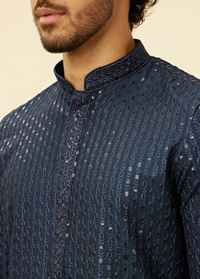 Manyavar Men Indigo Blue Petal String Patterned Kurta Set