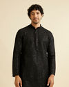 alt message - Manyavar Men Midnight Black Petal String Patterned Kurta Set with Mirror Work image number 0