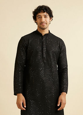 alt message - Manyavar Men Midnight Black Petal String Patterned Kurta Set with Mirror Work image number 0