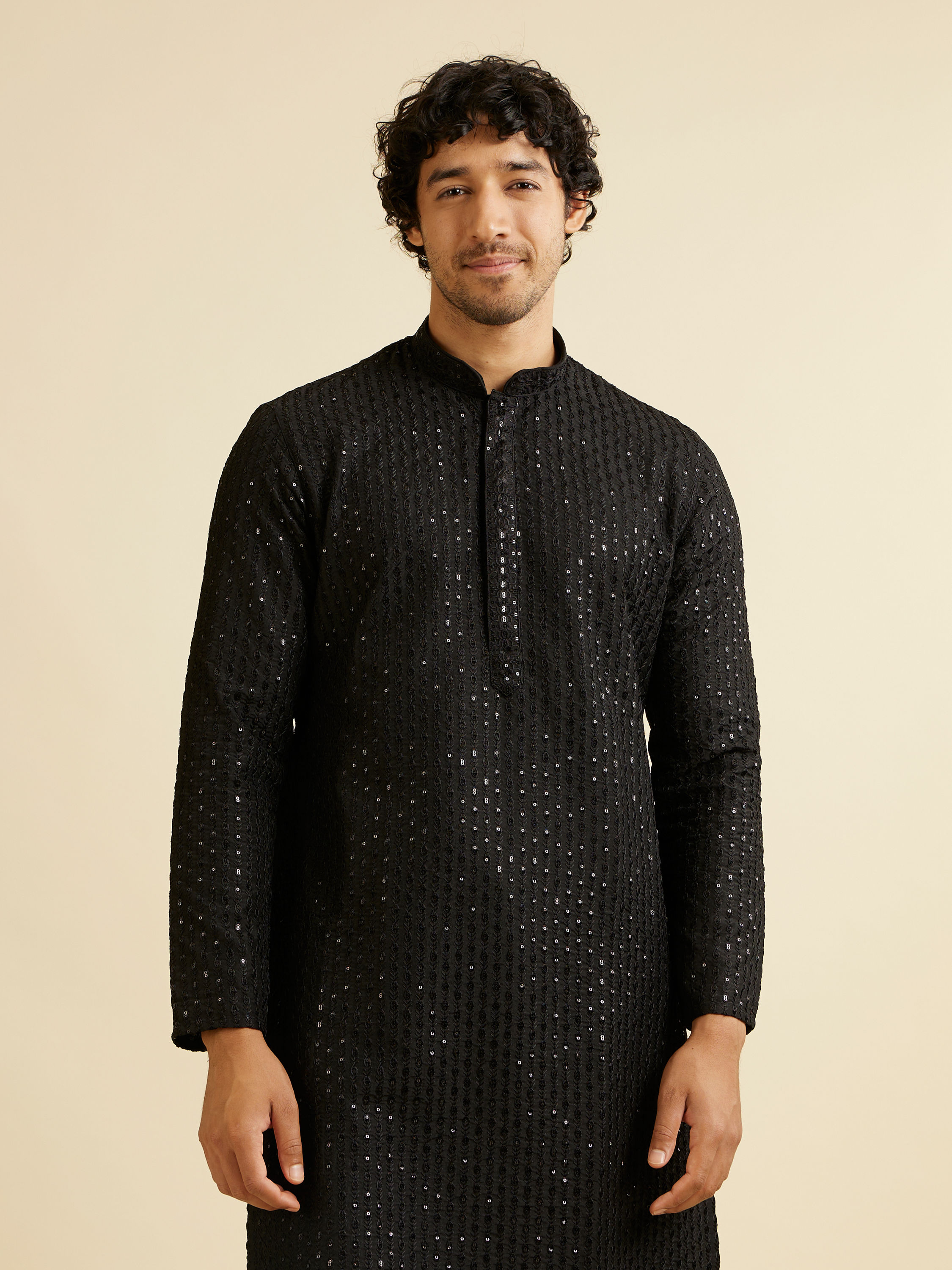 Manyavar Men Midnight Black Petal String Patterned Kurta Set with Mirror Work