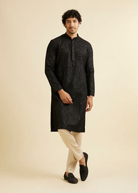 alt message - Manyavar Men Midnight Black Petal String Patterned Kurta Set with Mirror Work image number 2