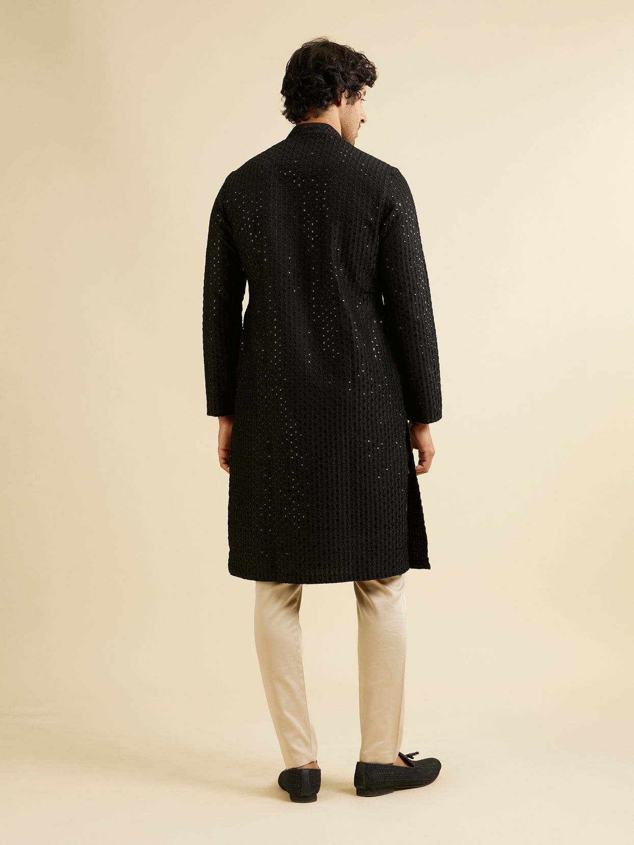 Manyavar Men Midnight Black Petal String Patterned Kurta Set with Mirror Work