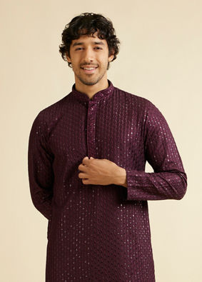 alt message - Manyavar Men Wine Petal String Patterned Kurta Set with Mirror Work image number 0