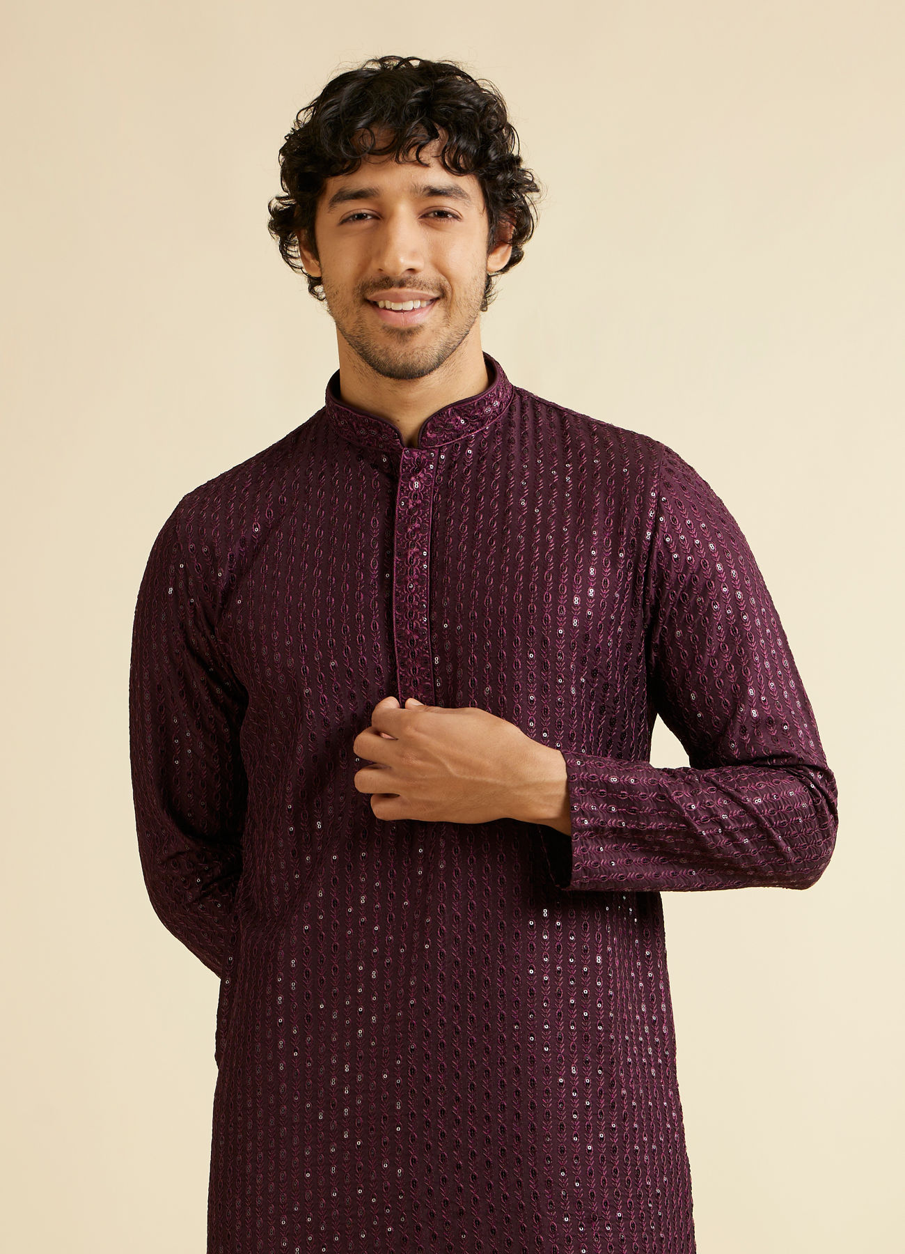 Manyavar Men Wine Petal String Patterned Kurta Set with Mirror Work