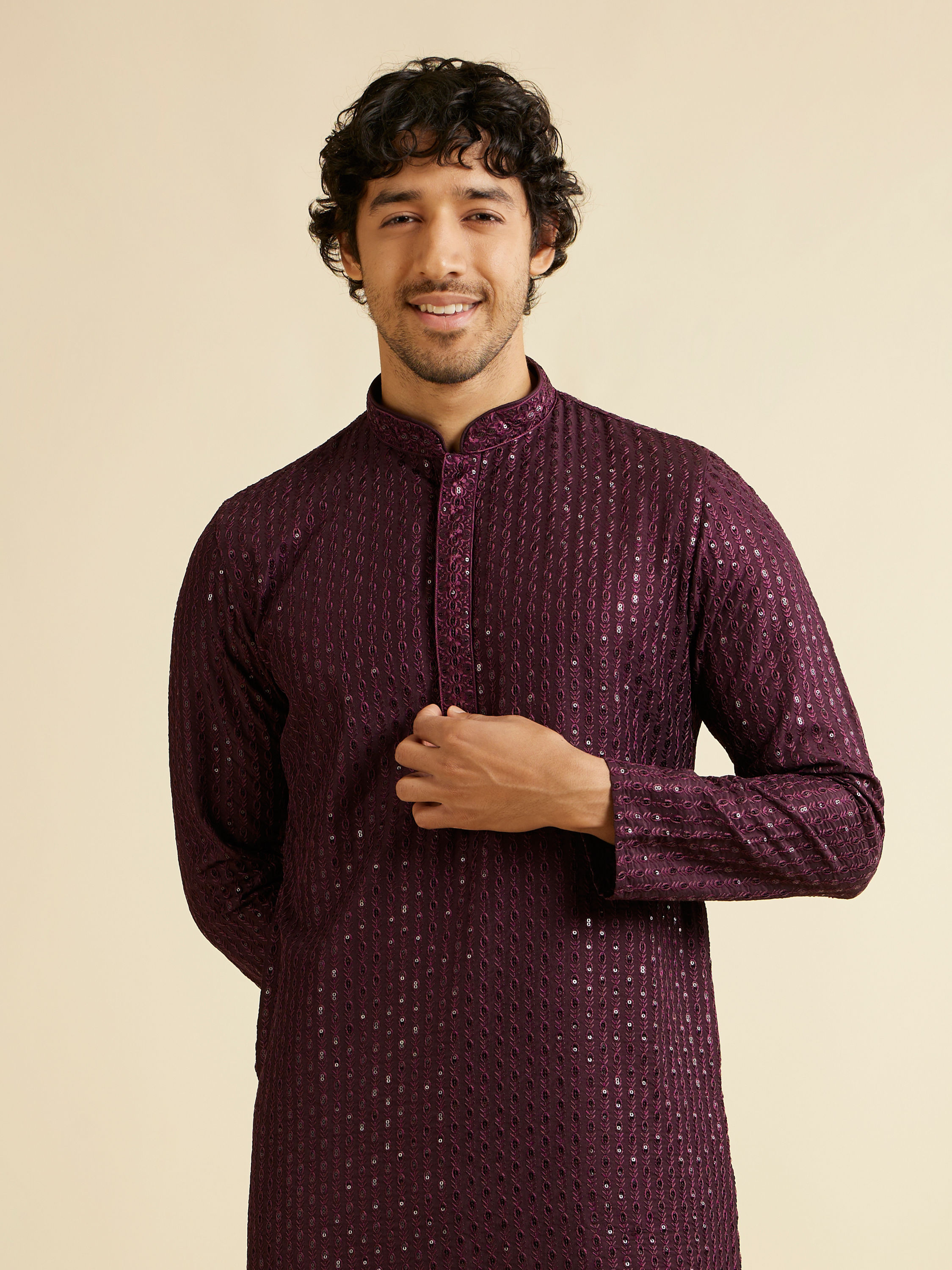 Manyavar Men Wine Petal String Patterned Kurta Set with Mirror Work