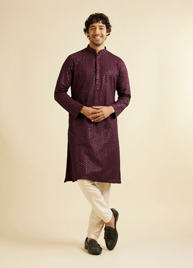 alt message - Manyavar Men Wine Petal String Patterned Kurta Set with Mirror Work image number 2