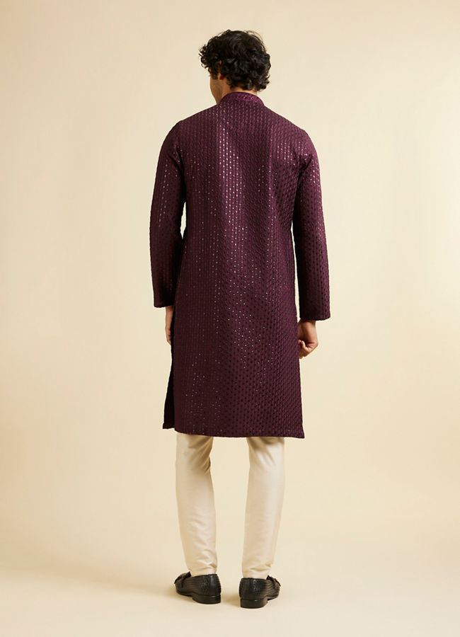 Manyavar Men Wine Petal String Patterned Kurta Set with Mirror Work