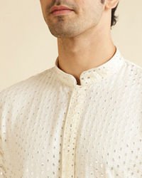 Manyavar Men Warm White Petal String Patterned Kurta Set with Mirror Work
