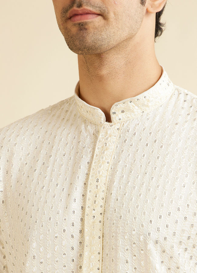 Manyavar Men Warm White Petal String Patterned Kurta Set with Mirror Work