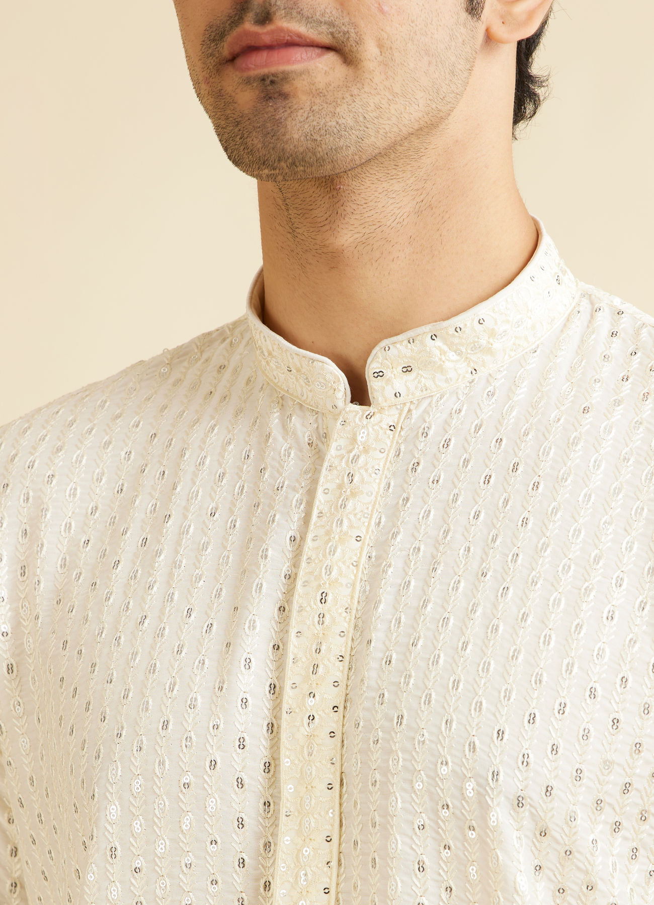 Manyavar Men Warm White Petal String Patterned Kurta Set with Mirror Work