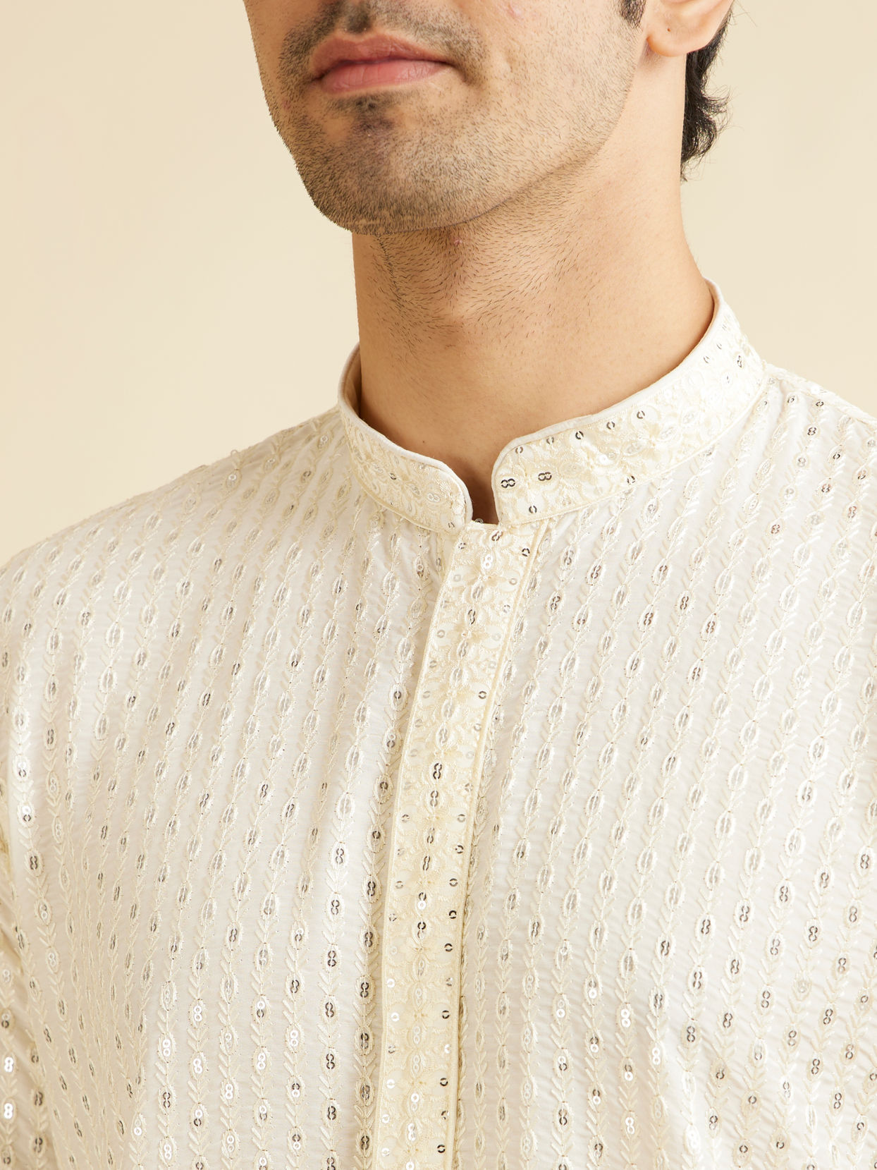 Manyavar Men Warm White Petal String Patterned Kurta Set with Mirror Work