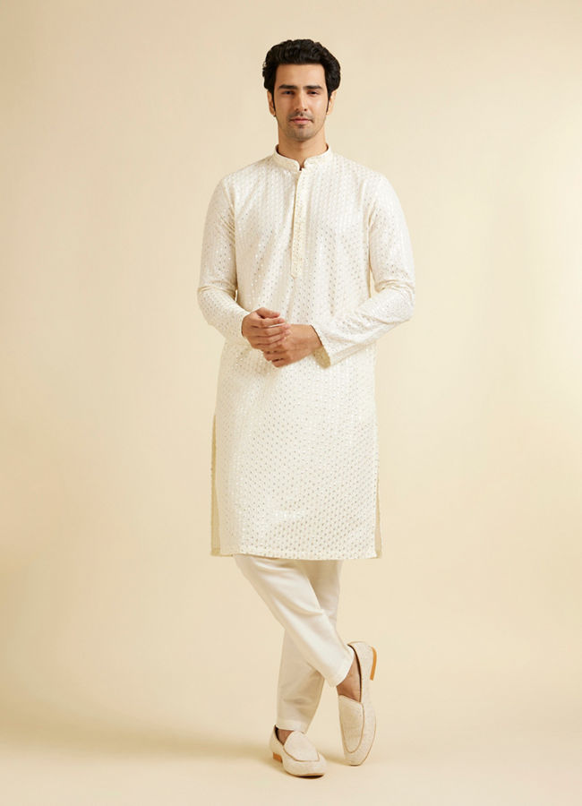 Manyavar Men Warm White Petal String Patterned Kurta Set with Mirror Work