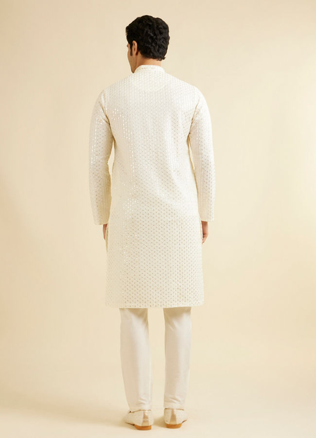 Manyavar Men Warm White Petal String Patterned Kurta Set with Mirror Work