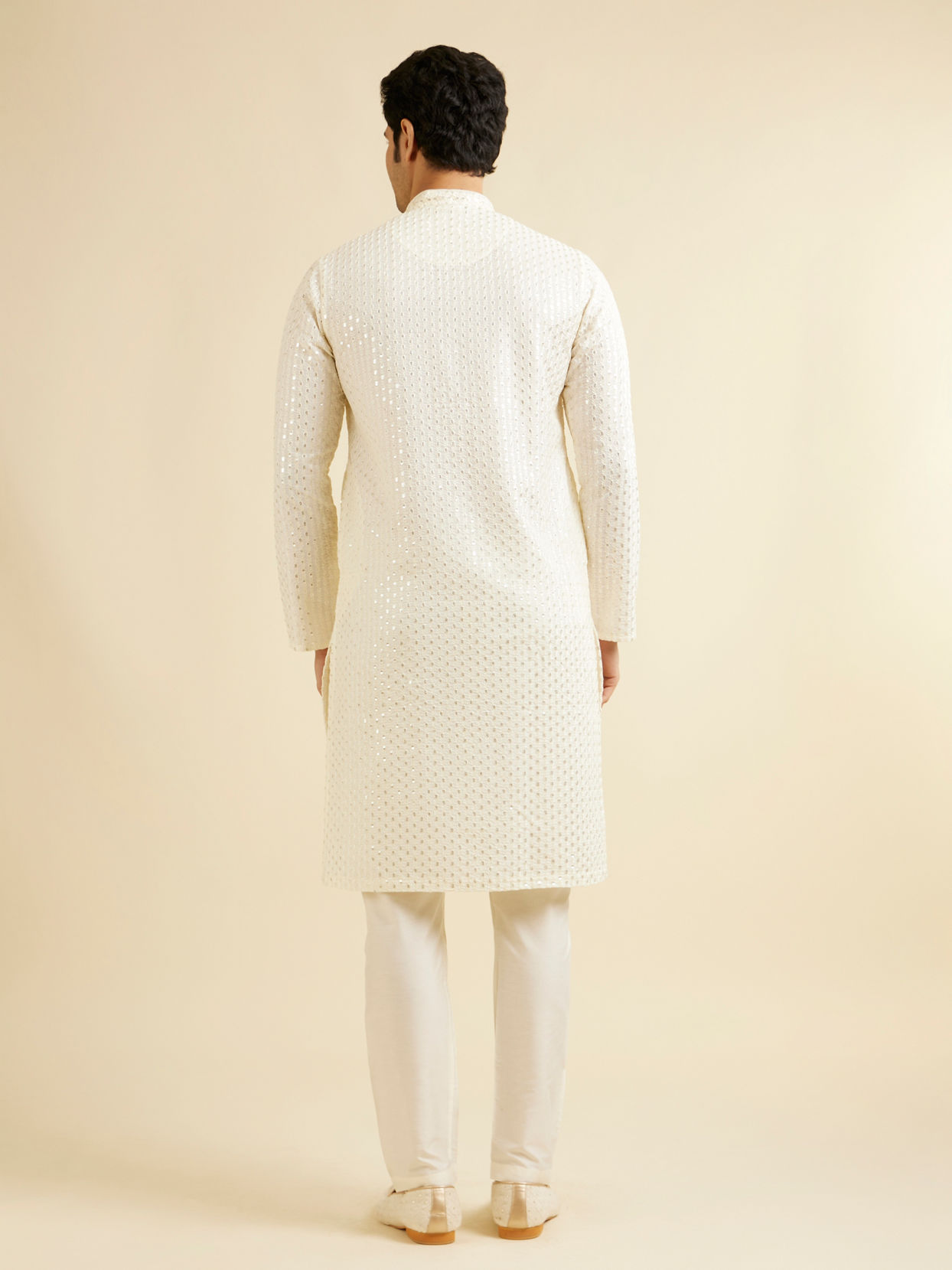 Manyavar Men Warm White Petal String Patterned Kurta Set with Mirror Work