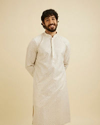 Manyavar Men Chalk White String Patterned Kurta Set with Mirror Work