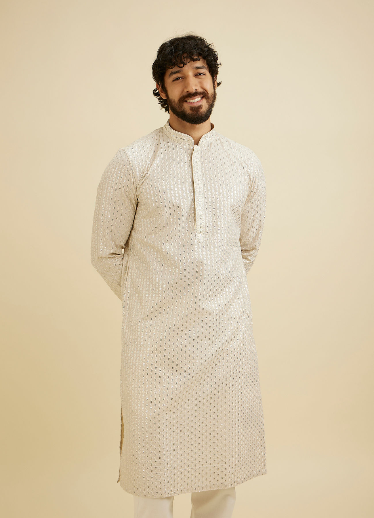 Manyavar Men Chalk White String Patterned Kurta Set with Mirror Work