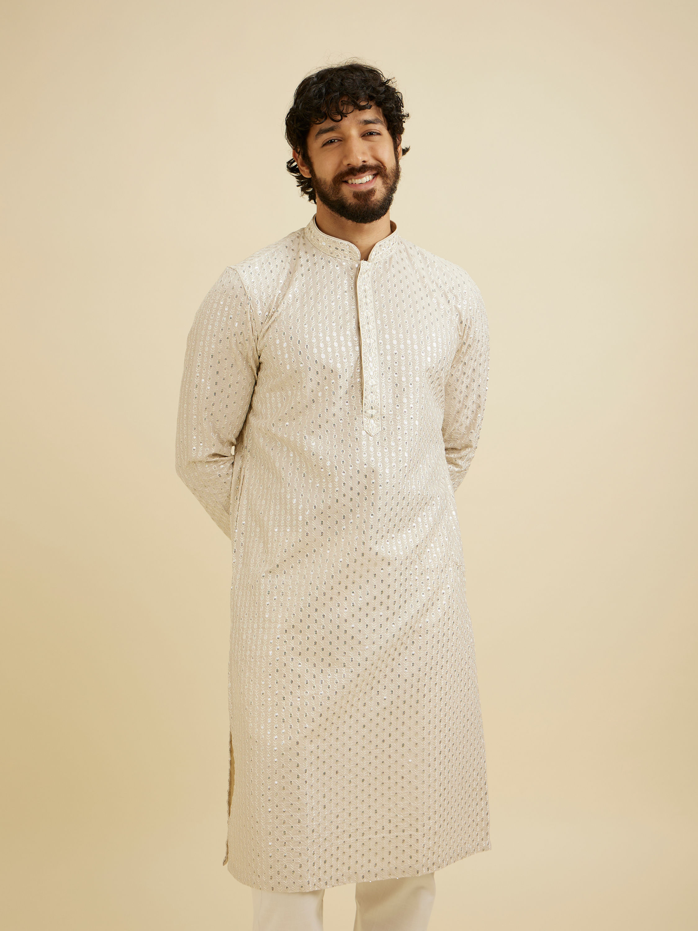 Manyavar Men Chalk White String Patterned Kurta Set with Mirror Work