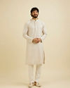 Manyavar Men Chalk White String Patterned Kurta Set with Mirror Work