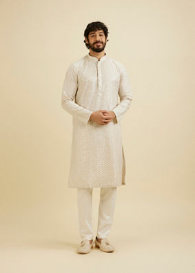 Manyavar Men Chalk White String Patterned Kurta Set with Mirror Work image number 2