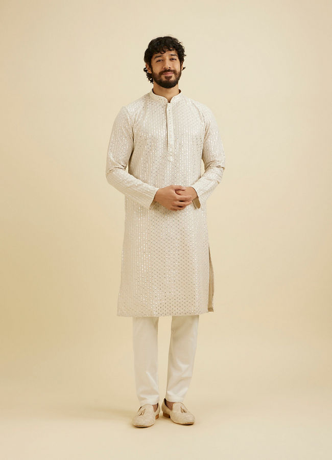 Manyavar Men Chalk White String Patterned Kurta Set with Mirror Work