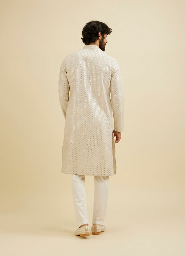 Manyavar Men Chalk White String Patterned Kurta Set with Mirror Work