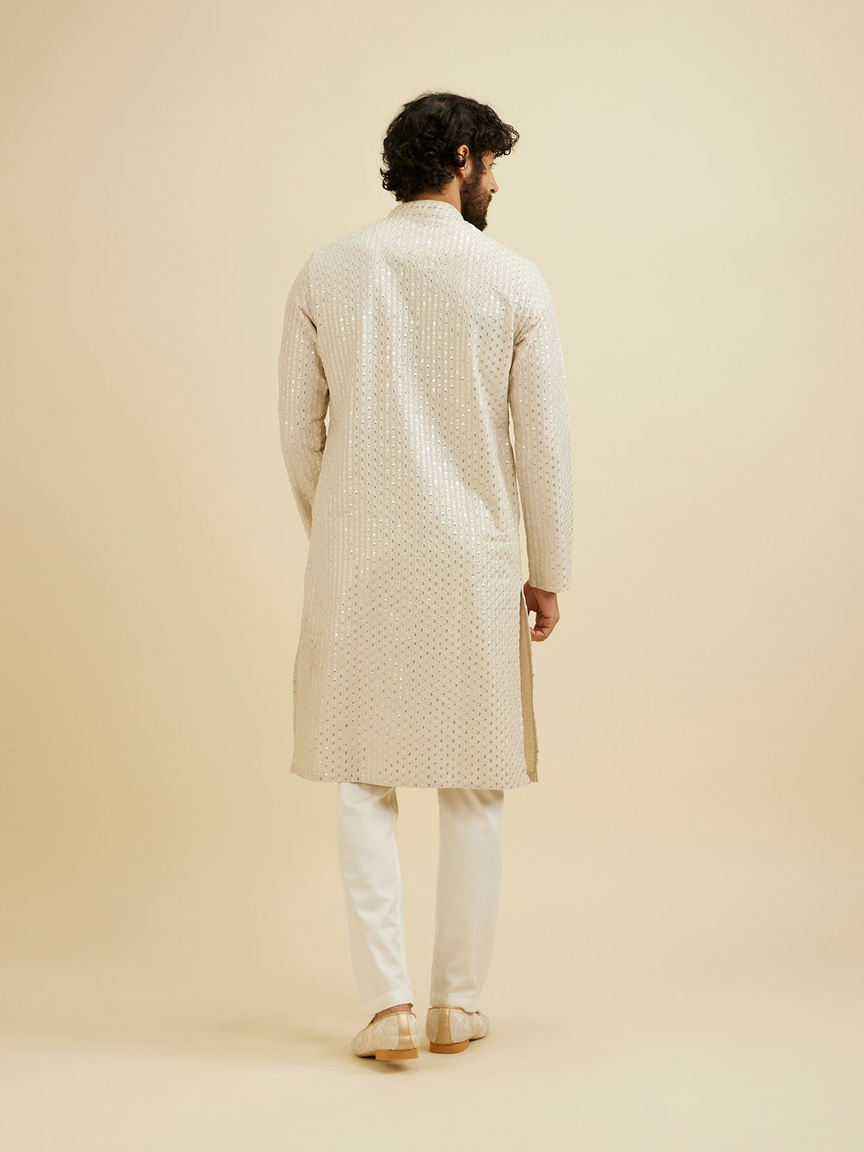 Manyavar Men Chalk White String Patterned Kurta Set with Mirror Work