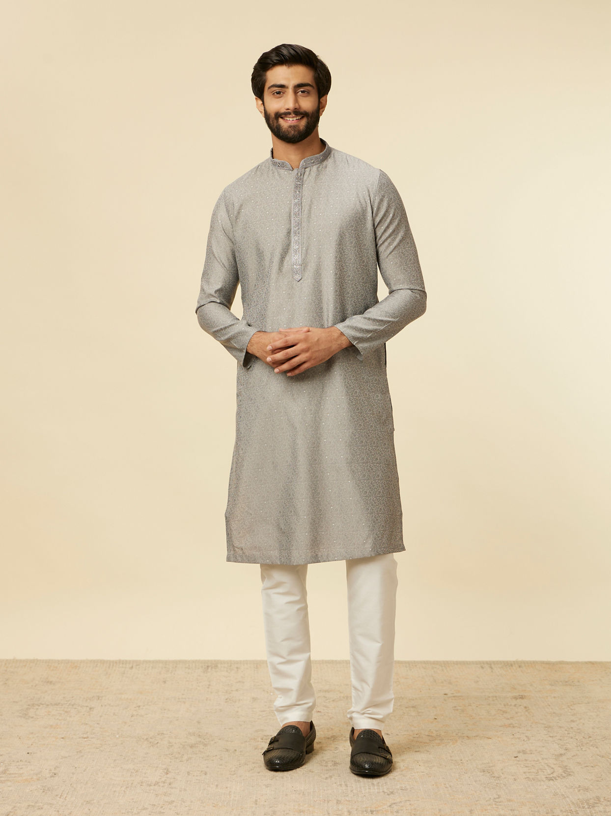 Manyavar Men Dark Grey Paisley Patterned Kurta Set