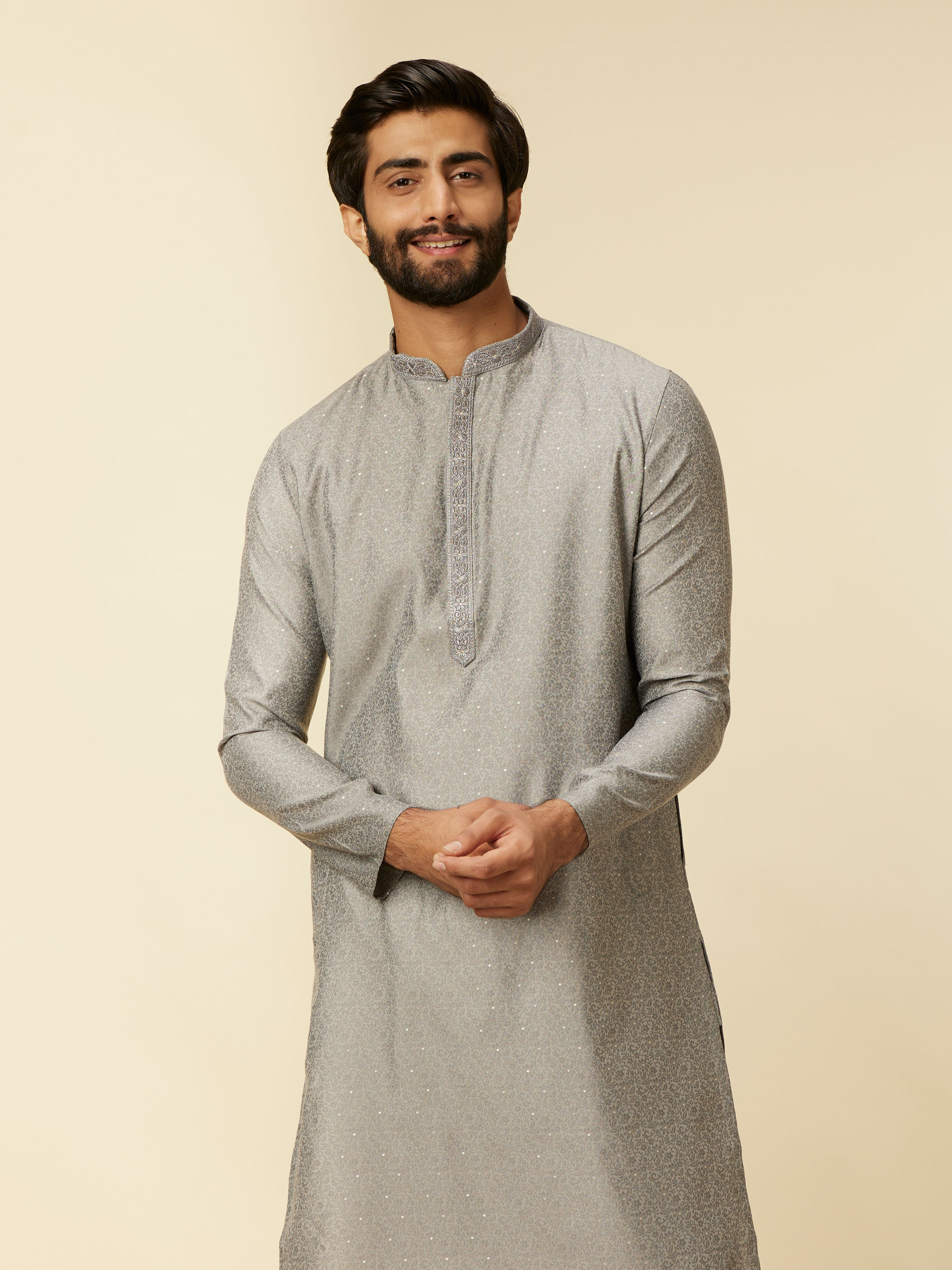 Manyavar Men Dark Grey Paisley Patterned Kurta Set