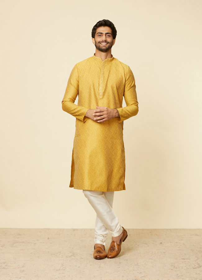 Manyavar Men Mustard Leaf Patterned Kurta Set