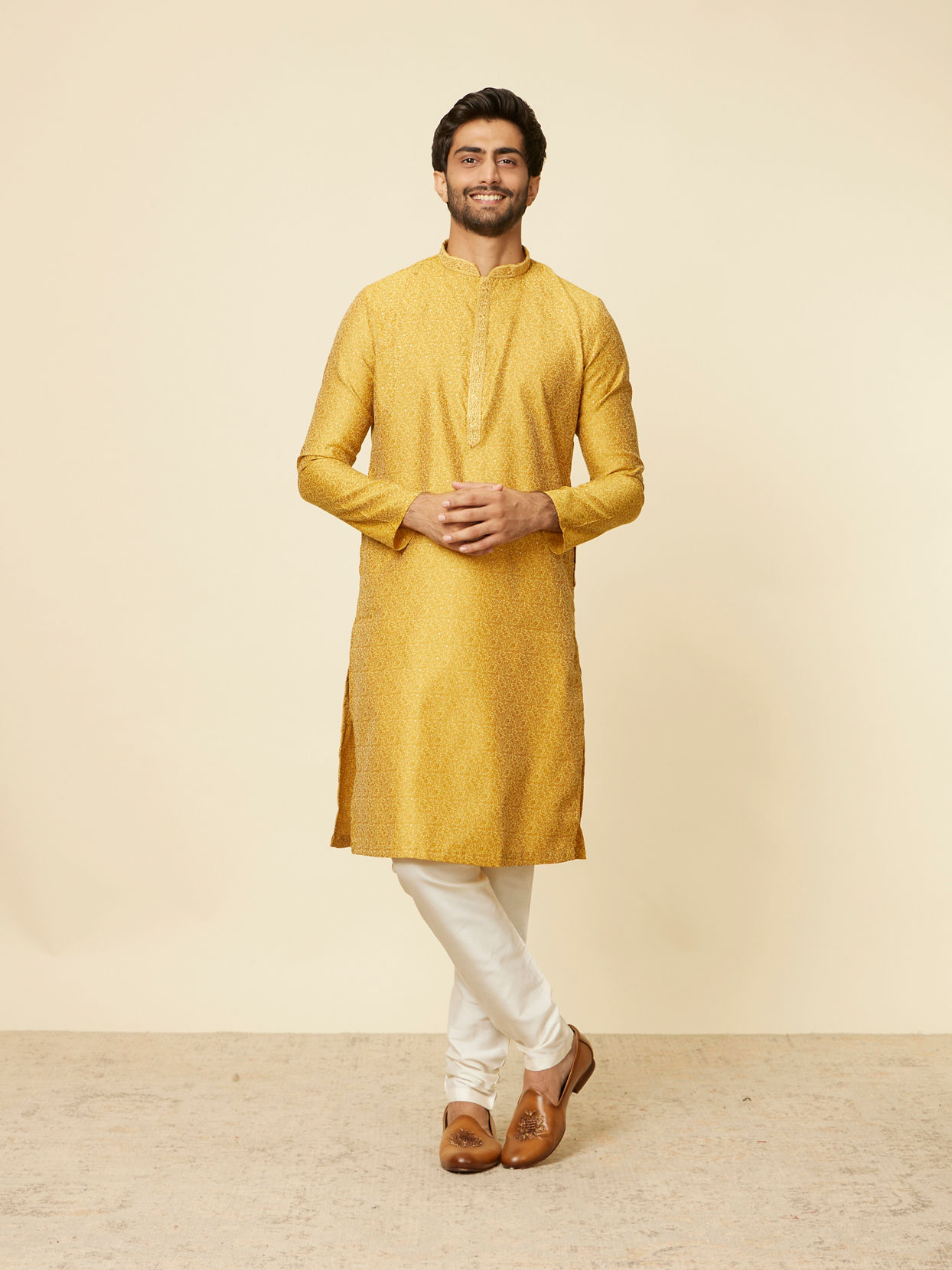 Manyavar Men Mustard Leaf Patterned Kurta Set