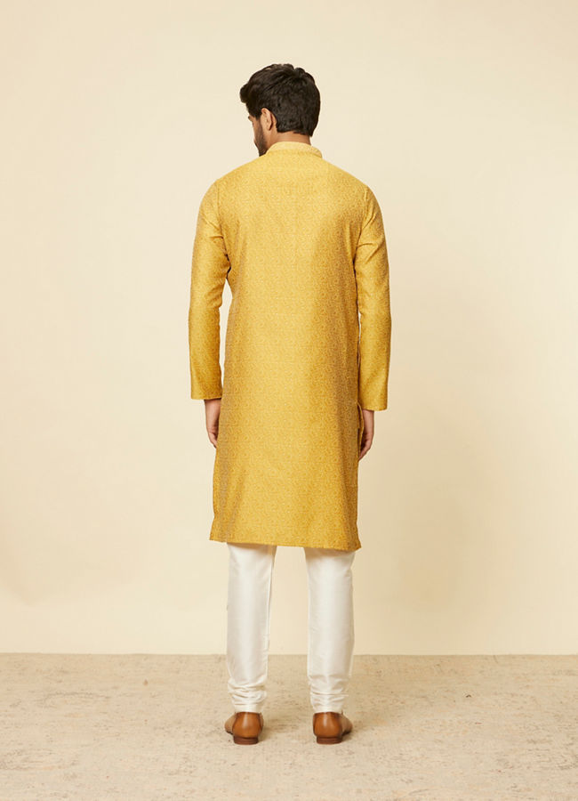 Manyavar Men Mustard Leaf Patterned Kurta Set