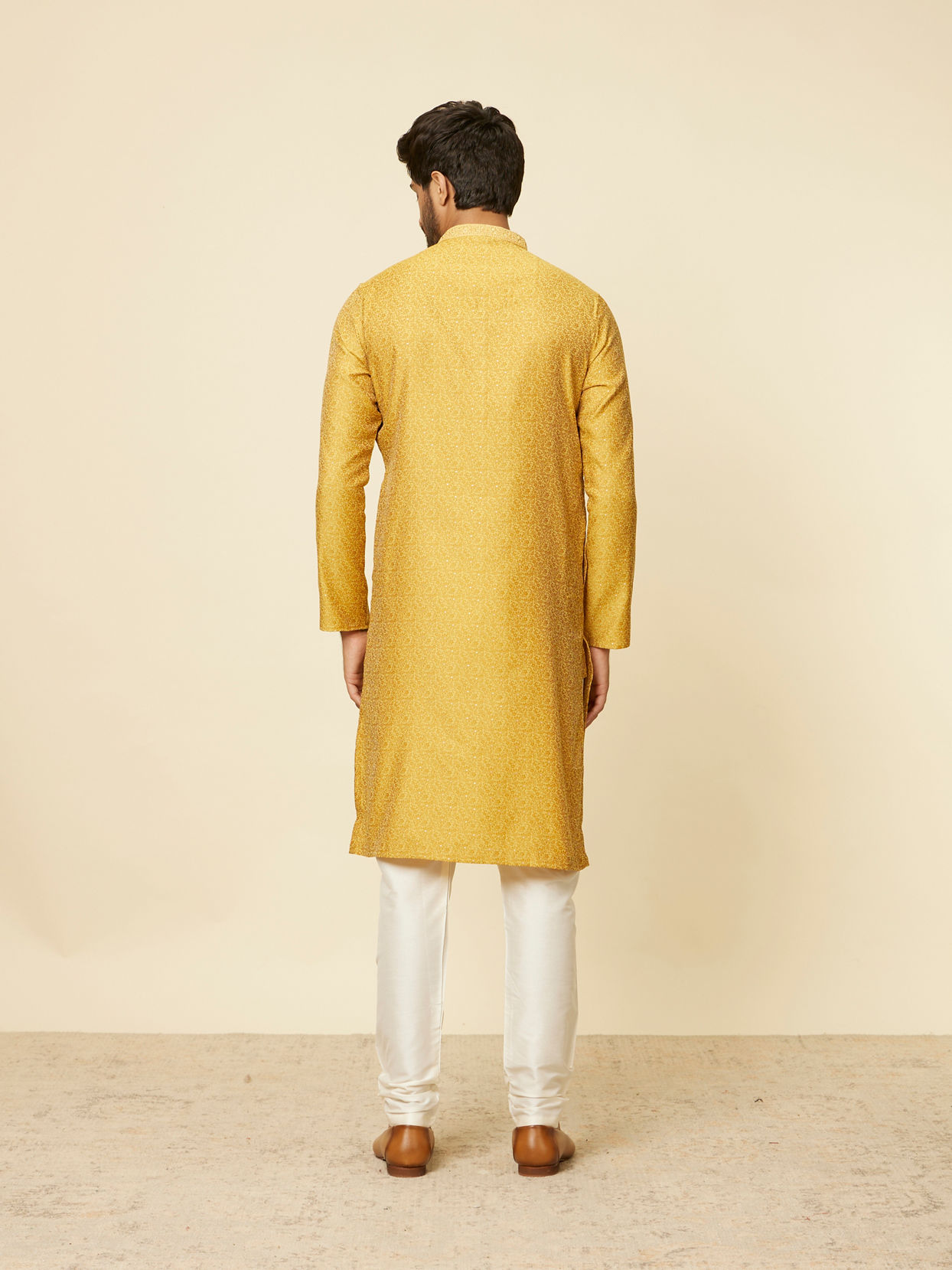 Manyavar Men Mustard Leaf Patterned Kurta Set