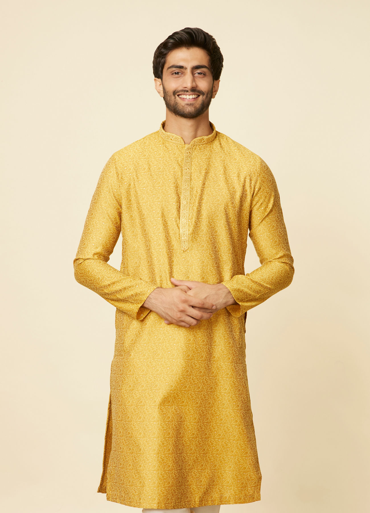 Manyavar Men Mustard Leaf Patterned Kurta Set