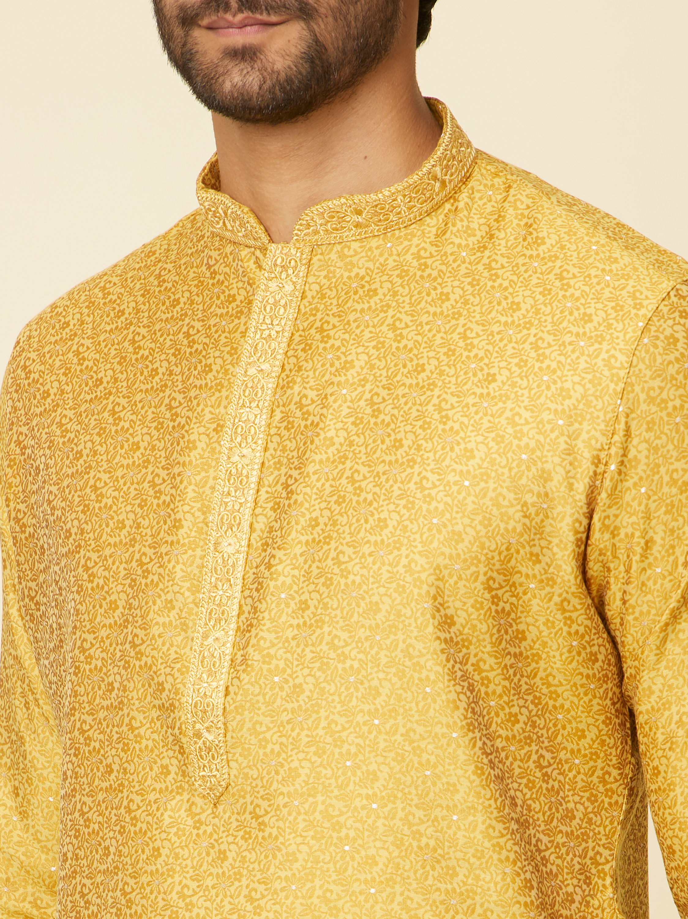 Manyavar Men Mustard Leaf Patterned Kurta Set