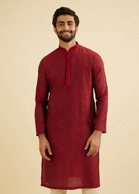 Manyavar Men Maroon Red Bel Buti Patterned Kurta Set image number 0