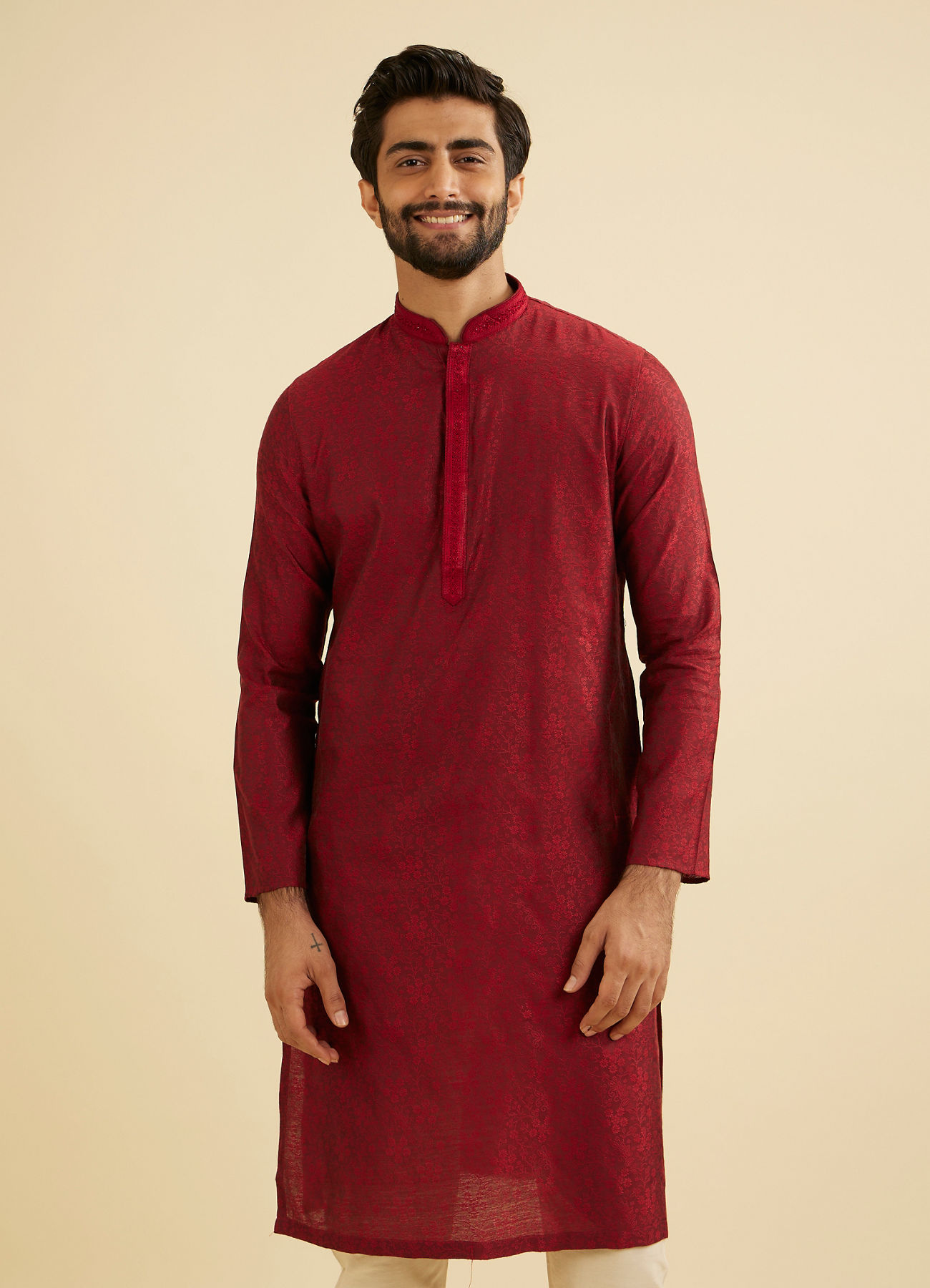 Manyavar Men Maroon Red Bel Buti Patterned Kurta Set