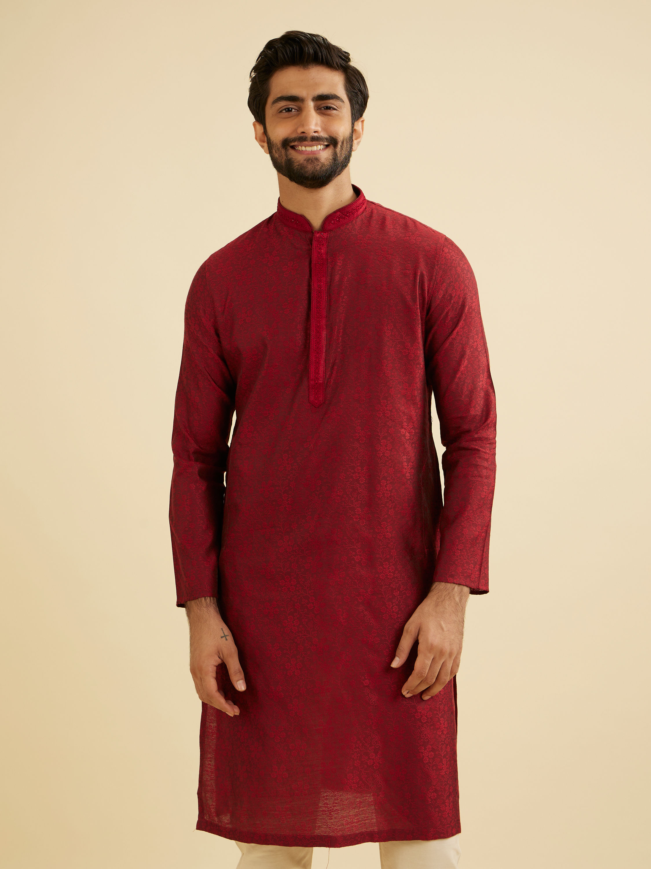 Manyavar Men Maroon Red Bel Buti Patterned Kurta Set