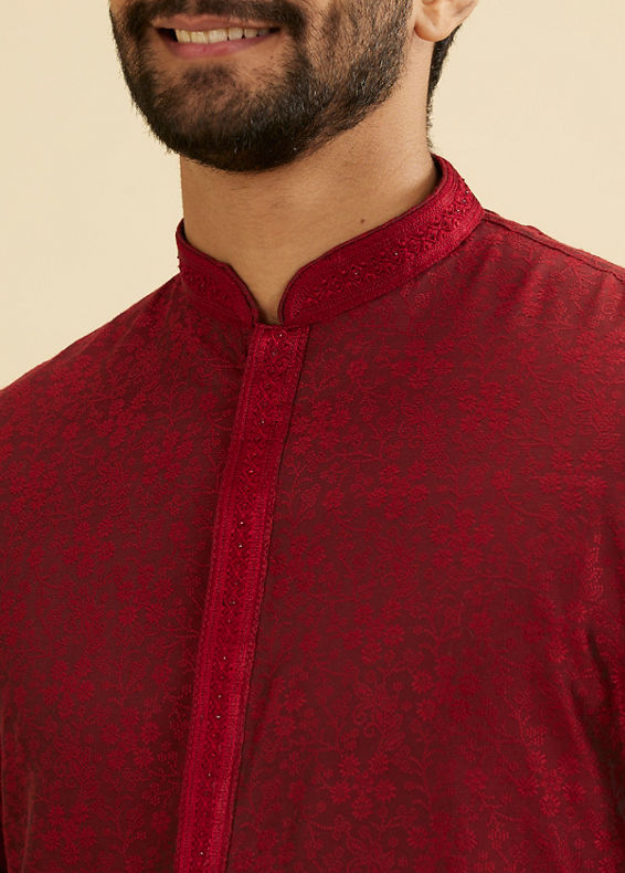 Manyavar Men Maroon Red Bel Buti Patterned Kurta Set