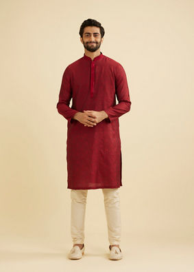 Manyavar Men Maroon Red Bel Buti Patterned Kurta Set image number 2