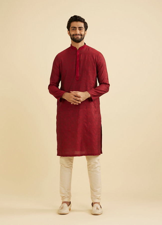 Manyavar Men Maroon Red Bel Buti Patterned Kurta Set