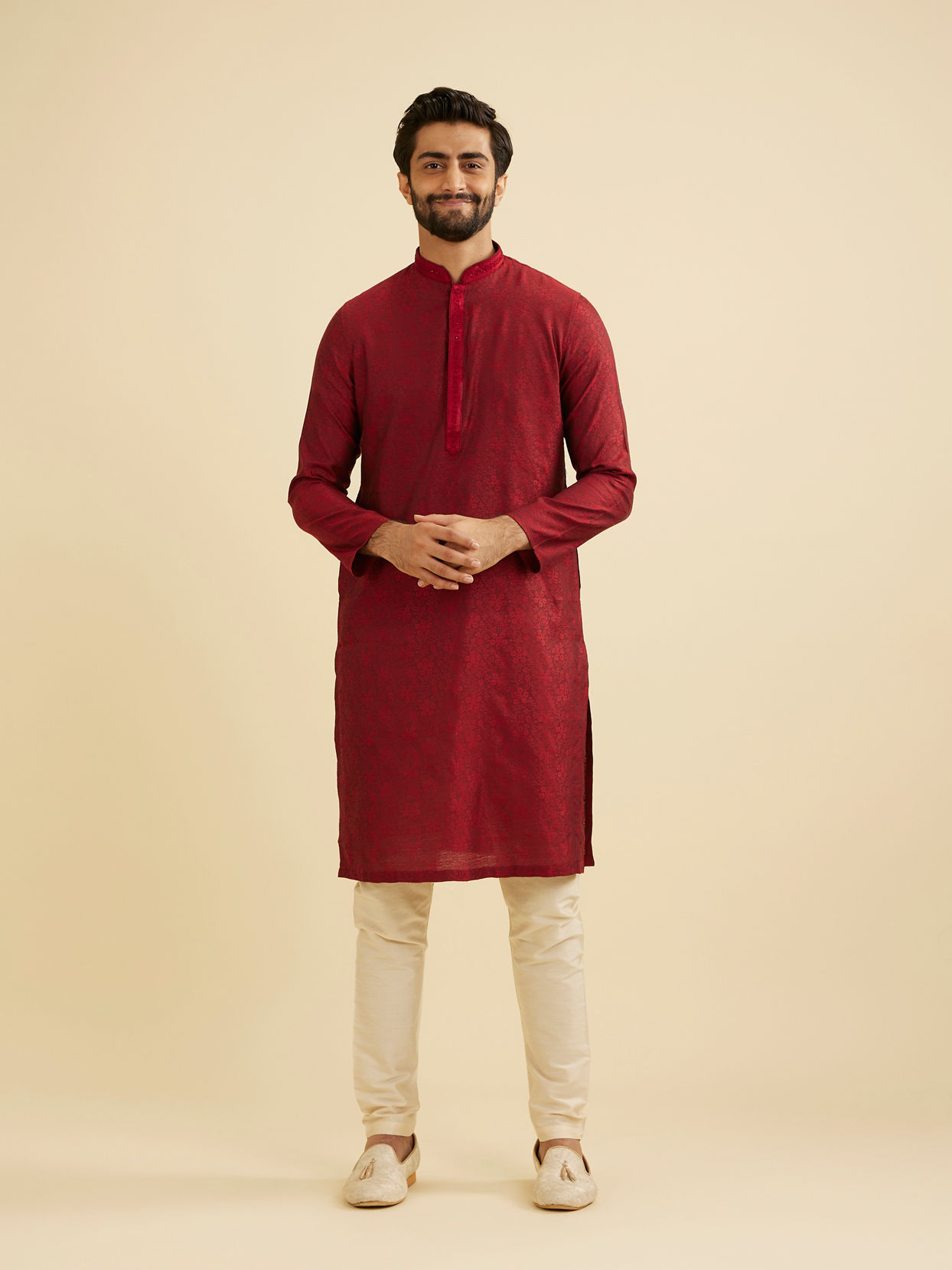 Manyavar Men Maroon Red Bel Buti Patterned Kurta Set