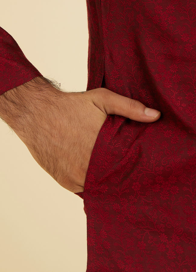 Manyavar Men Maroon Red Bel Buti Patterned Kurta Set