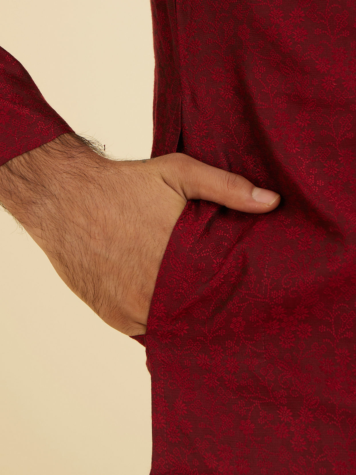 Manyavar Men Maroon Red Bel Buti Patterned Kurta Set