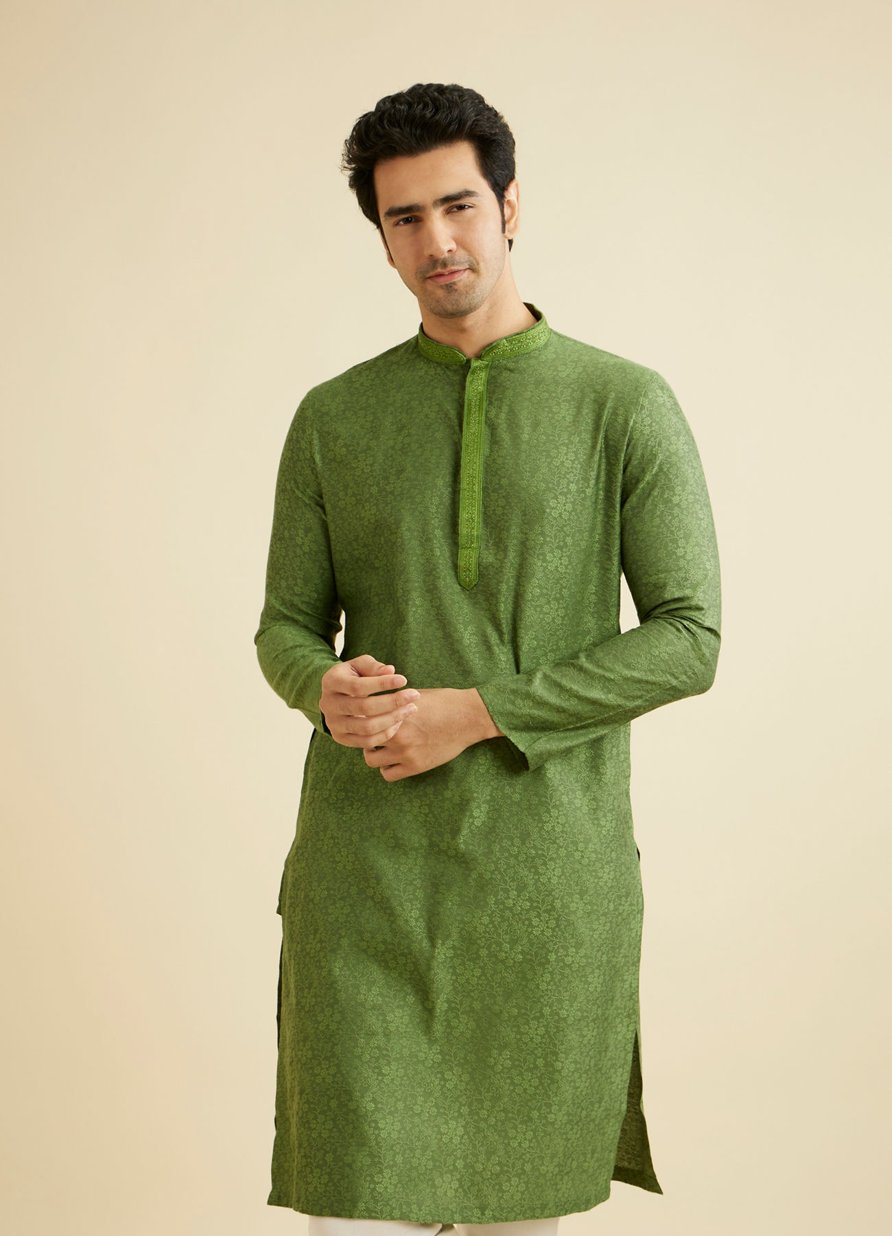 Manyavar Men Soft Green Bel Buti Patterned Kurta Set